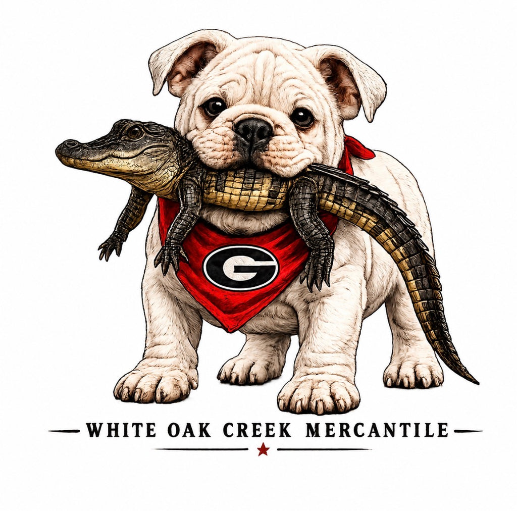 White Oak Creek Mercantile  UGA Puppy with Baby Gator in Mouth