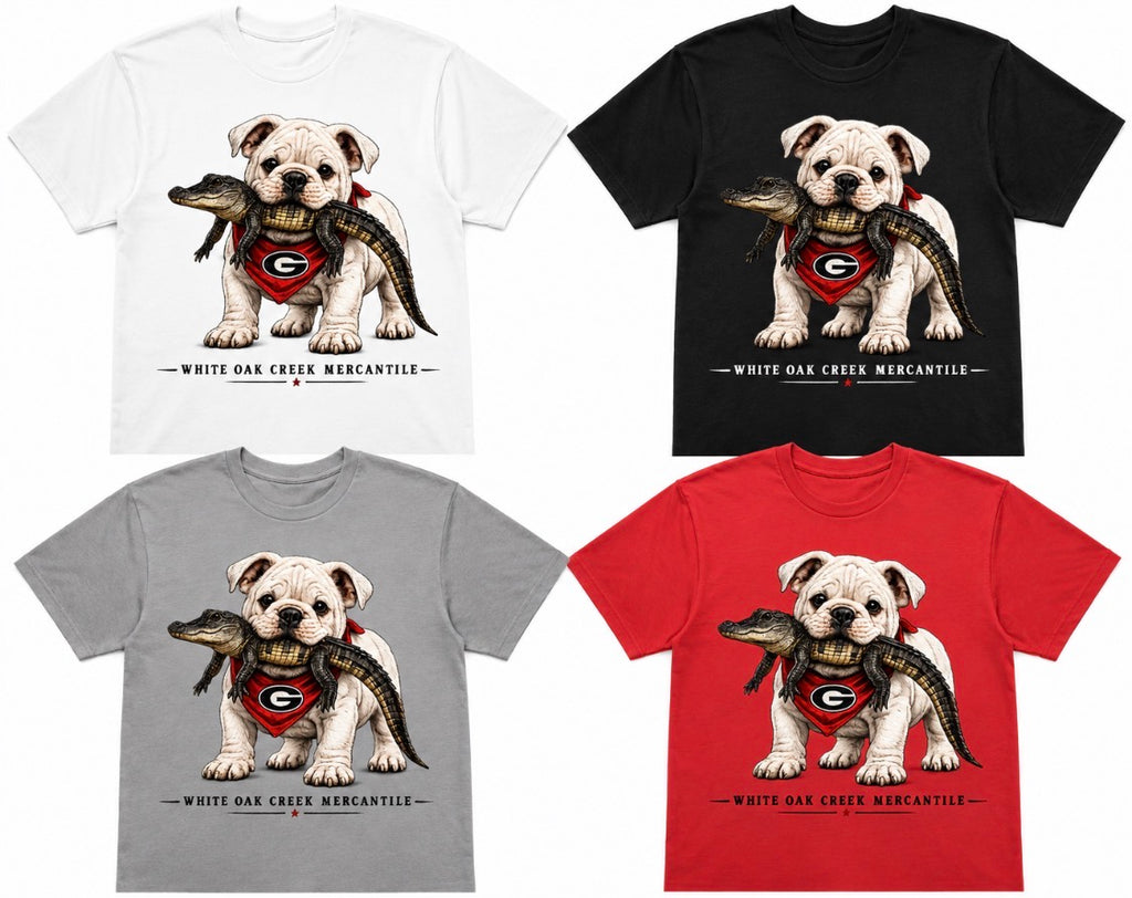 White Oak Creek Mercantile  UGA Puppy with Baby Gator in Mouth